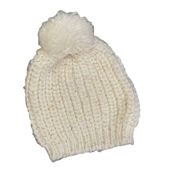 HM Sweater Knit Beanie Hat Infinity Scarf Set Ivory Gold Sequins Gray Metallic - Picture 2 of 11